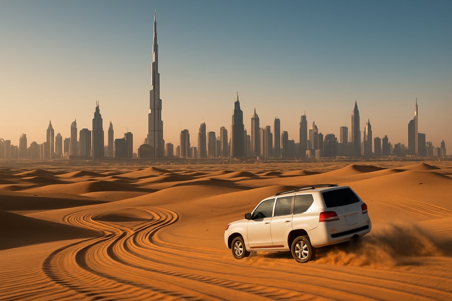 Dubai skyline with Burj Khalifa and desert adventure Dubai skyline with Burj Khalifa and desert adventure