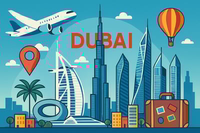 Dubai skyline with famous landmarks and travel icons