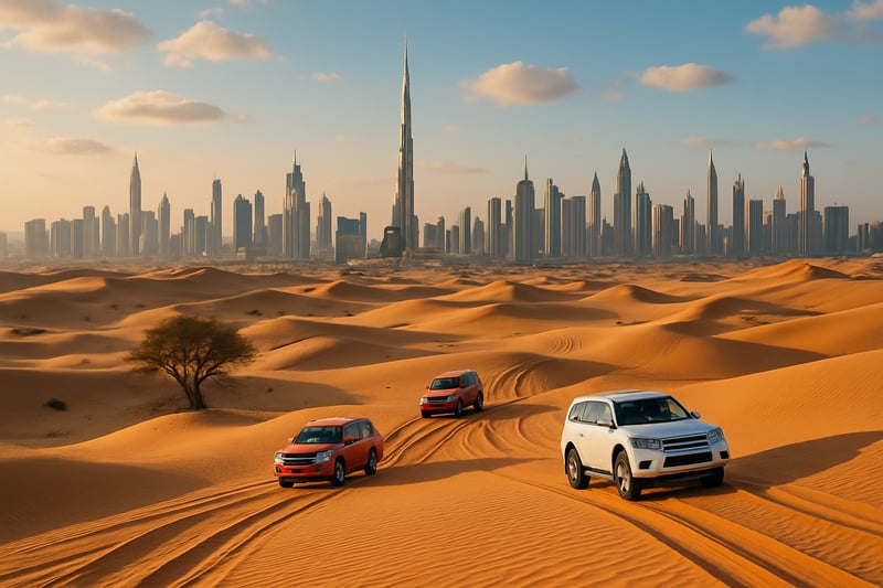 Scenic view of Dubai skyline and desert adventure Scenic view of Dubai skyline and desert adventure