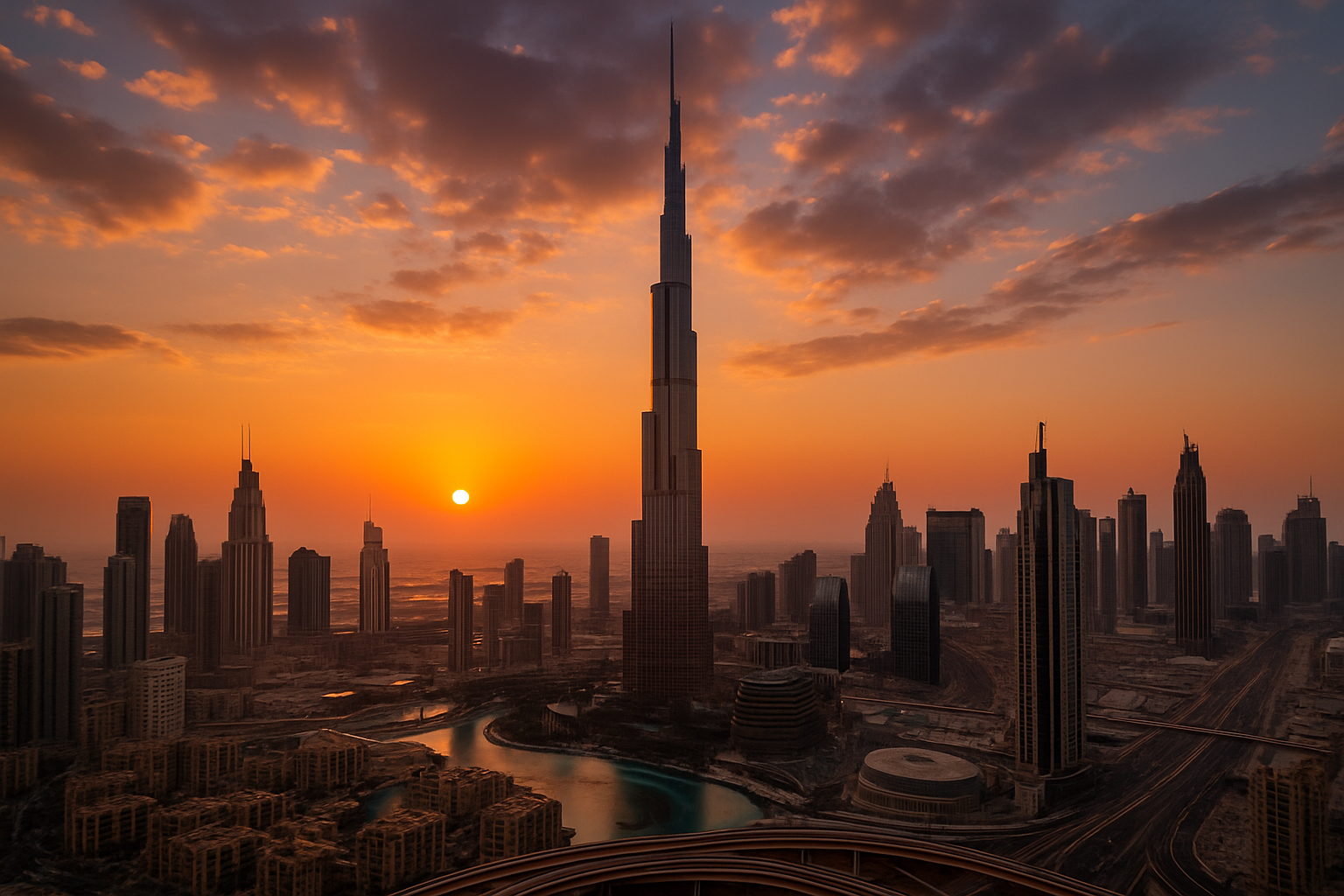 Stunning view of Burj Khalifa towering over Dubai skyline at sunset