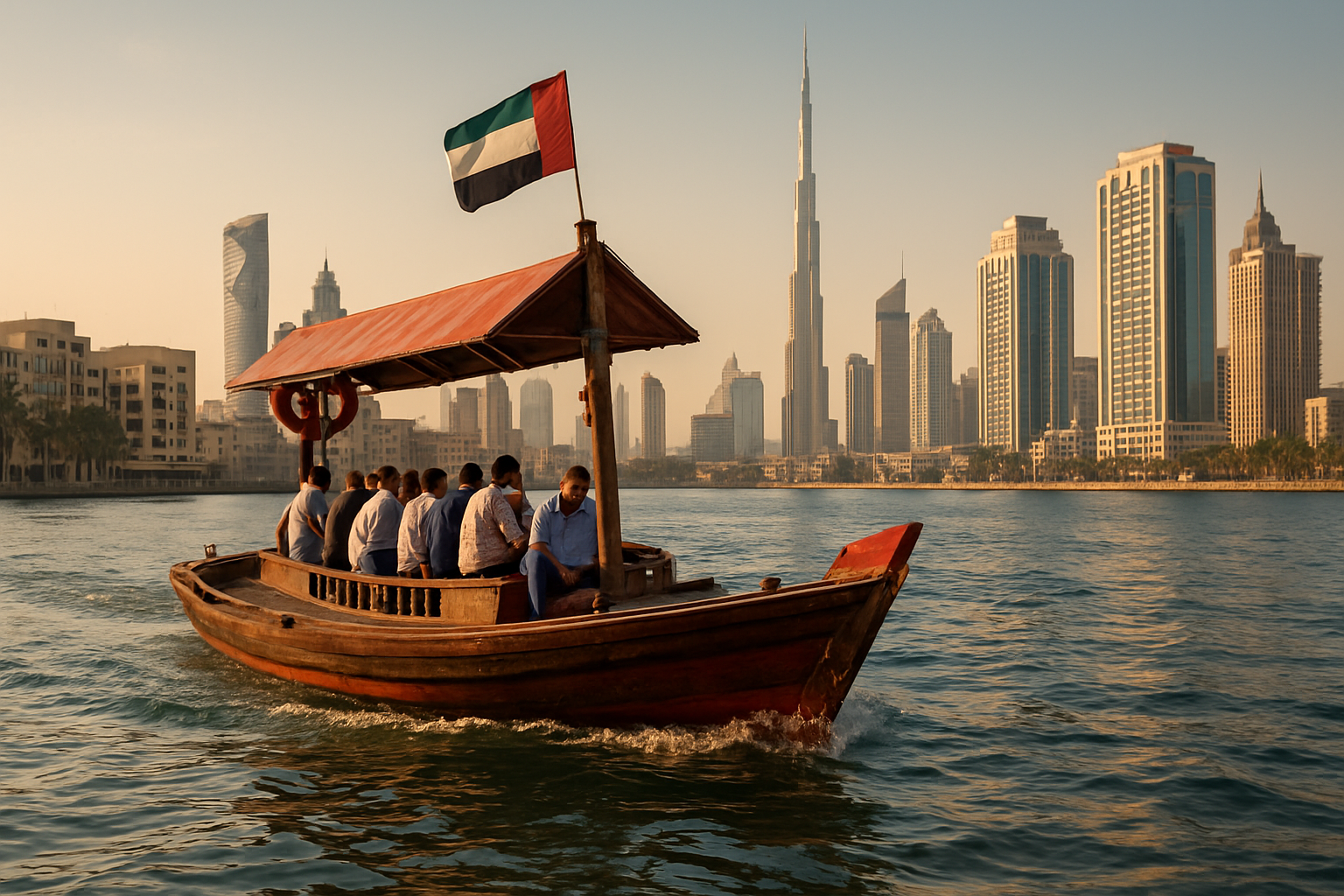 Traditional abra boat cruising along Dubai Creek with cityscape in the background