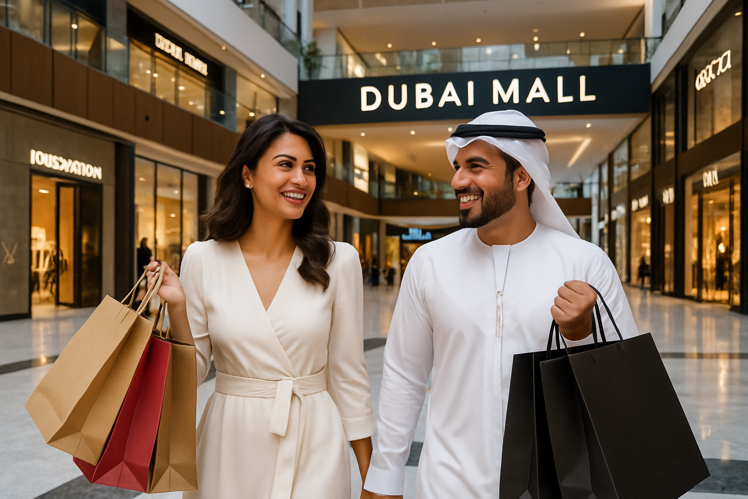 Couple enjoying luxury shopping in Dubai Mall